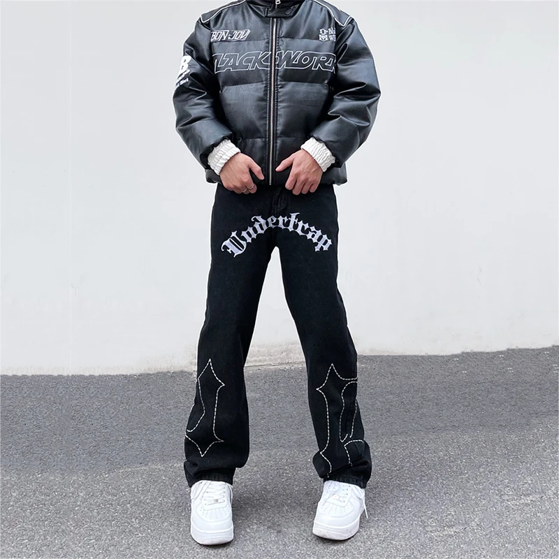 Y2K Men Jeans High Street Hip Hop Vibe Black Jeans Men and Women The Same Loose Embroidered Street Casual Pants Ins Tide Brand