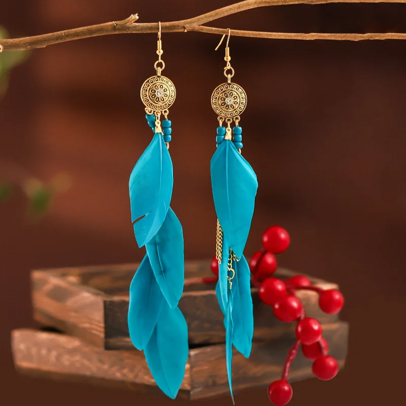

Retro colorful chain tassel earrings in Europe and America Bohemian feather Yiwu jewelry creative long earrings wholesale 925.00
