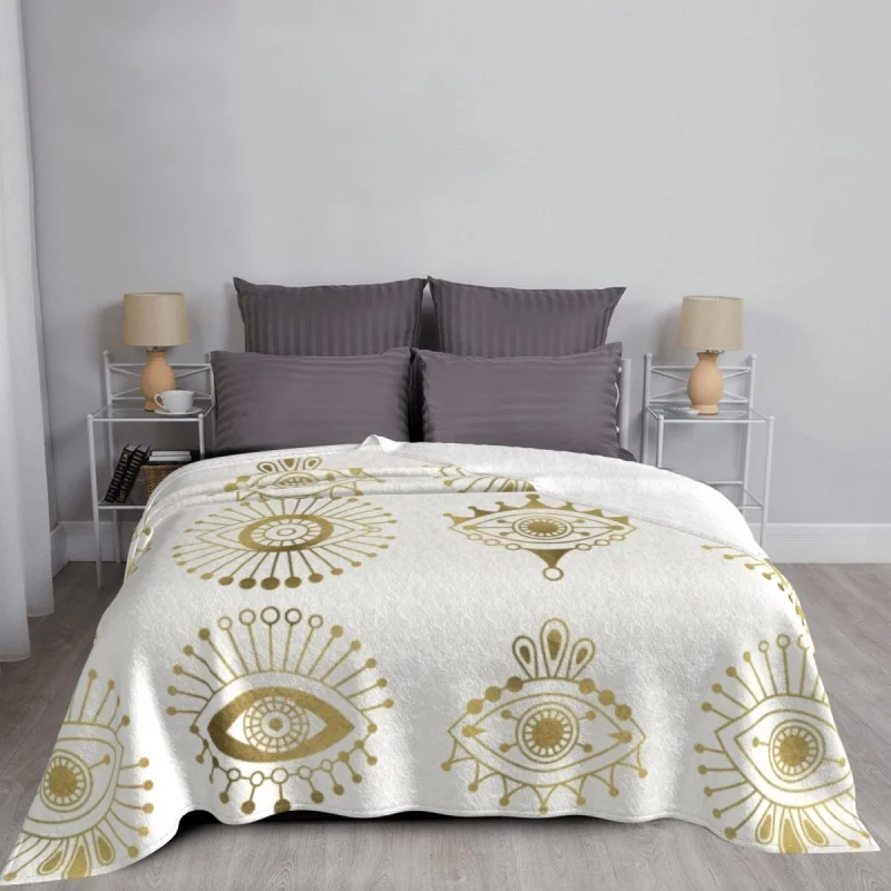 

Boho Evil Eyes Hamsa Blanket Soft Fleece Spring Warm Flannel Gold Palette Moroccan Morocco for Sofa Home Bed Quilt