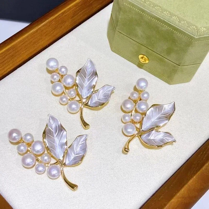 Женская Брошь в виде листьев из натурального пресноводного жемчуга