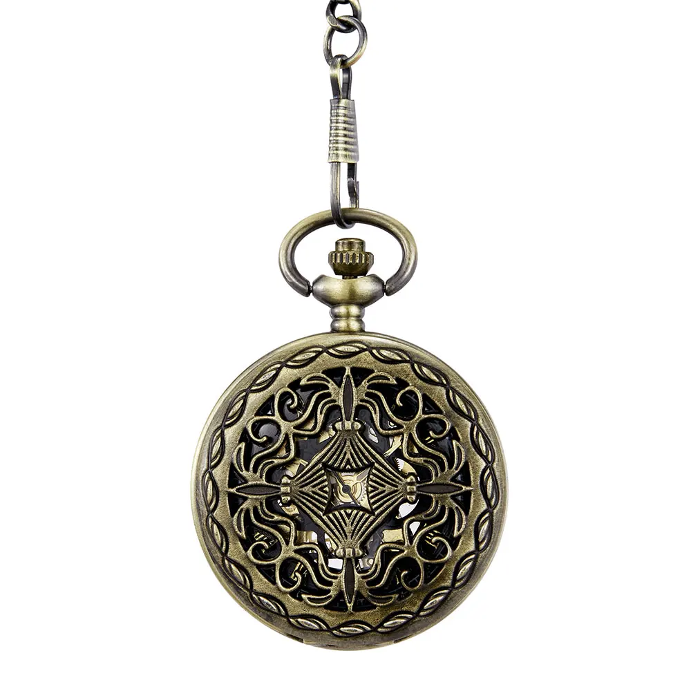 Vintage Pattern Mechanical Pocket Watch With Chain Retro Steampunk Skeleton Hollow Hand-winding Pendant Clock Men Women