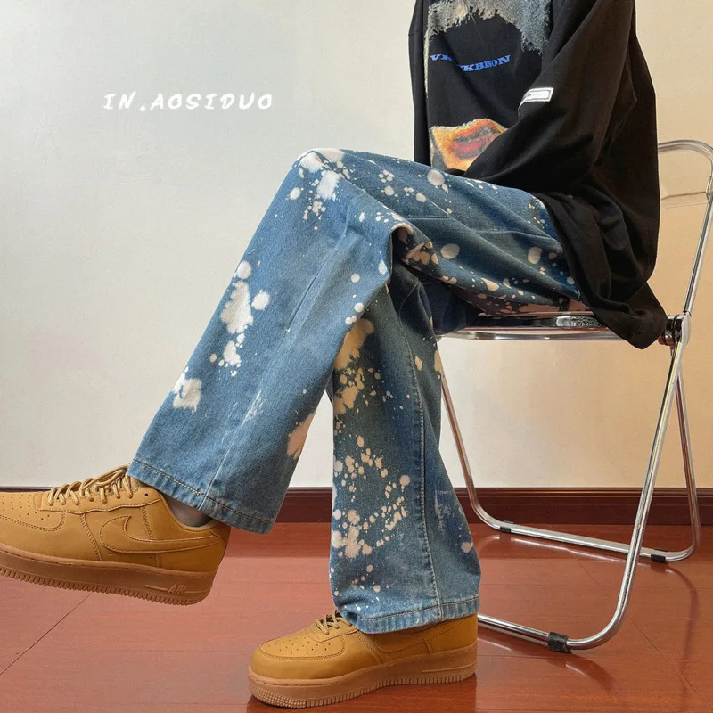 Blue/Black Baggy Jeans Men Fashion Casual Straight Jeans Men Streetwear Hip Hop Loose Splattered Denim Pants Mens Trousers S-2XL