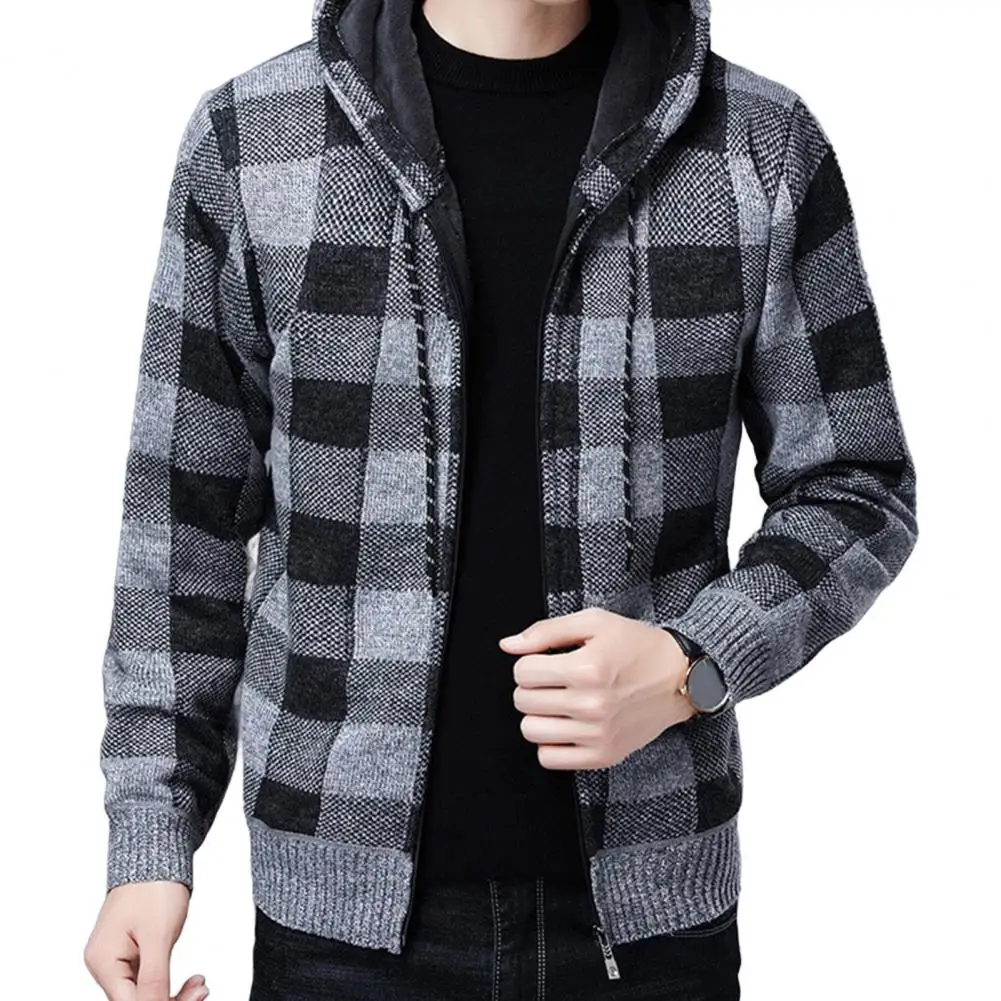 Мужская тонкая куртка в клетку зимний кардиган с капюшоном и клетчатым принтом