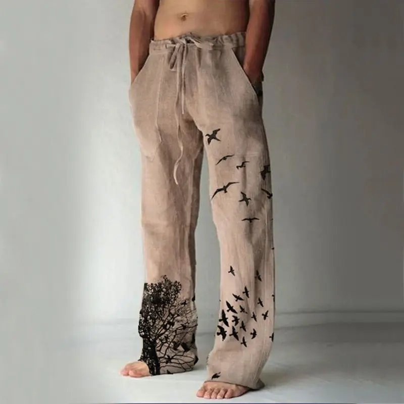 

Summer New Vintage Men's Cotton Linen Oversized Jogger Trousers Hip Hop Avatar Print Male Plus Size Loose Wide Leg Pants Men