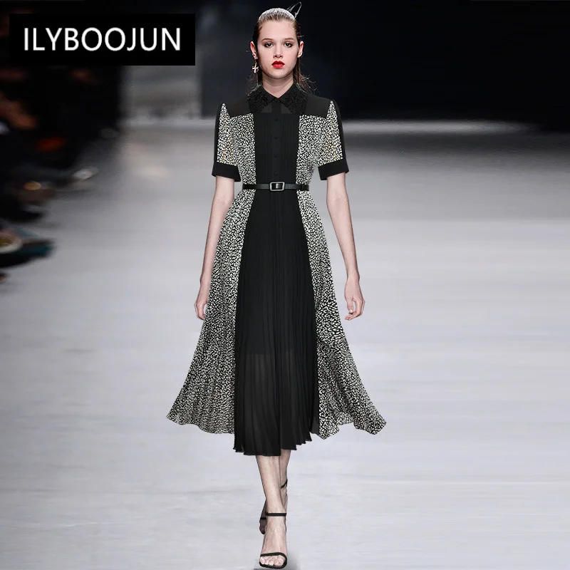 

Fashion Designer dress Summer Women Dress Turn-down Collar Sequins Embroidery Printed Sashes pleated Elegant Dresses