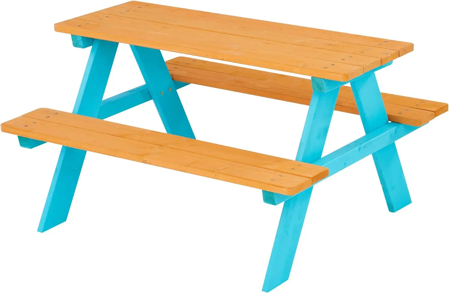 

Table, Kids Outdoor Table with Built-in Benches, Natural/Aqua