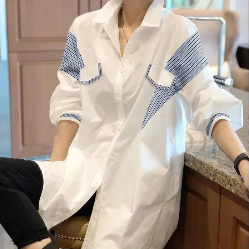 

Элегантный женский брючный костюм в Корейском стиле, Свободная Повседневная шифоновая рубашка, джинсы с проколотыми дырками, комплект из д...