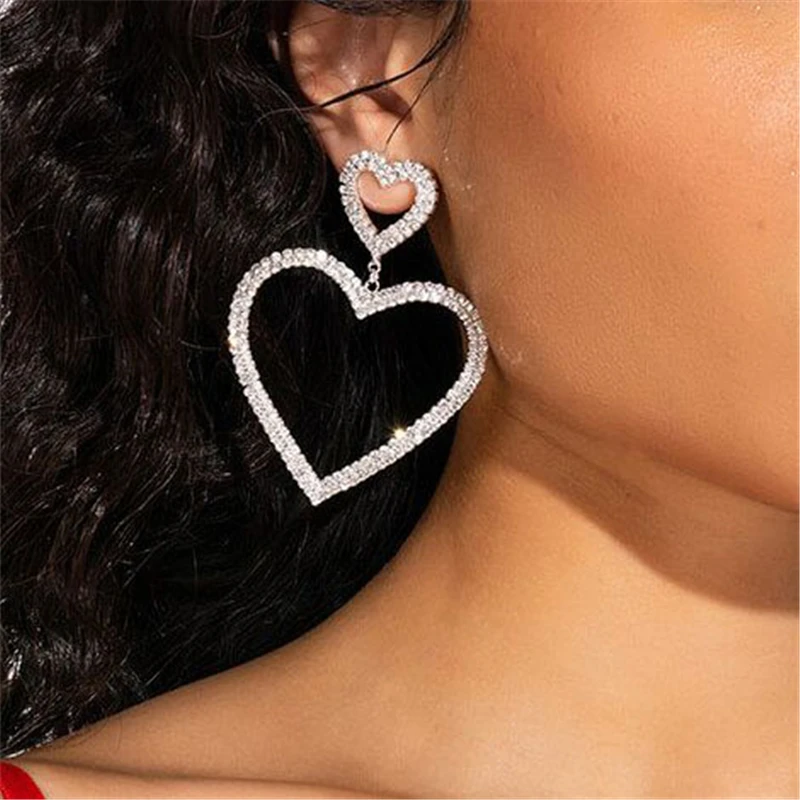 

Luxury All Rhinestone Double Love Pendant Earrings Ladies Temperament Fashion Ultra Flash Crystal Earrings Jewelry Accessories