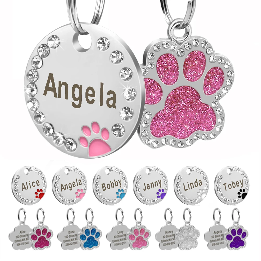 

Personalized Dog Cat ID Tag Bling Rhinestone Puppy Kitten Name Tags Anti-lost Pet Collar Accessories Free Engraved Pet Products
