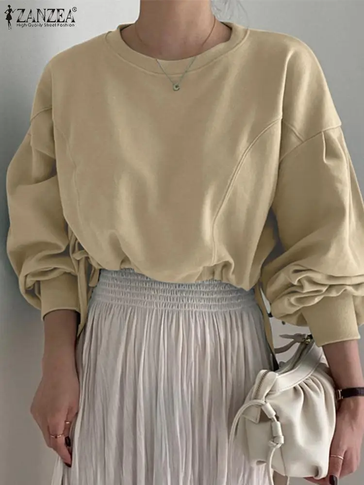 

Элегантная блузка ZANZEA с пышными рукавами, Женские однотонные топы с круглым вырезом, осенняя Женская модная винтажная рубашка, офисные блуз...