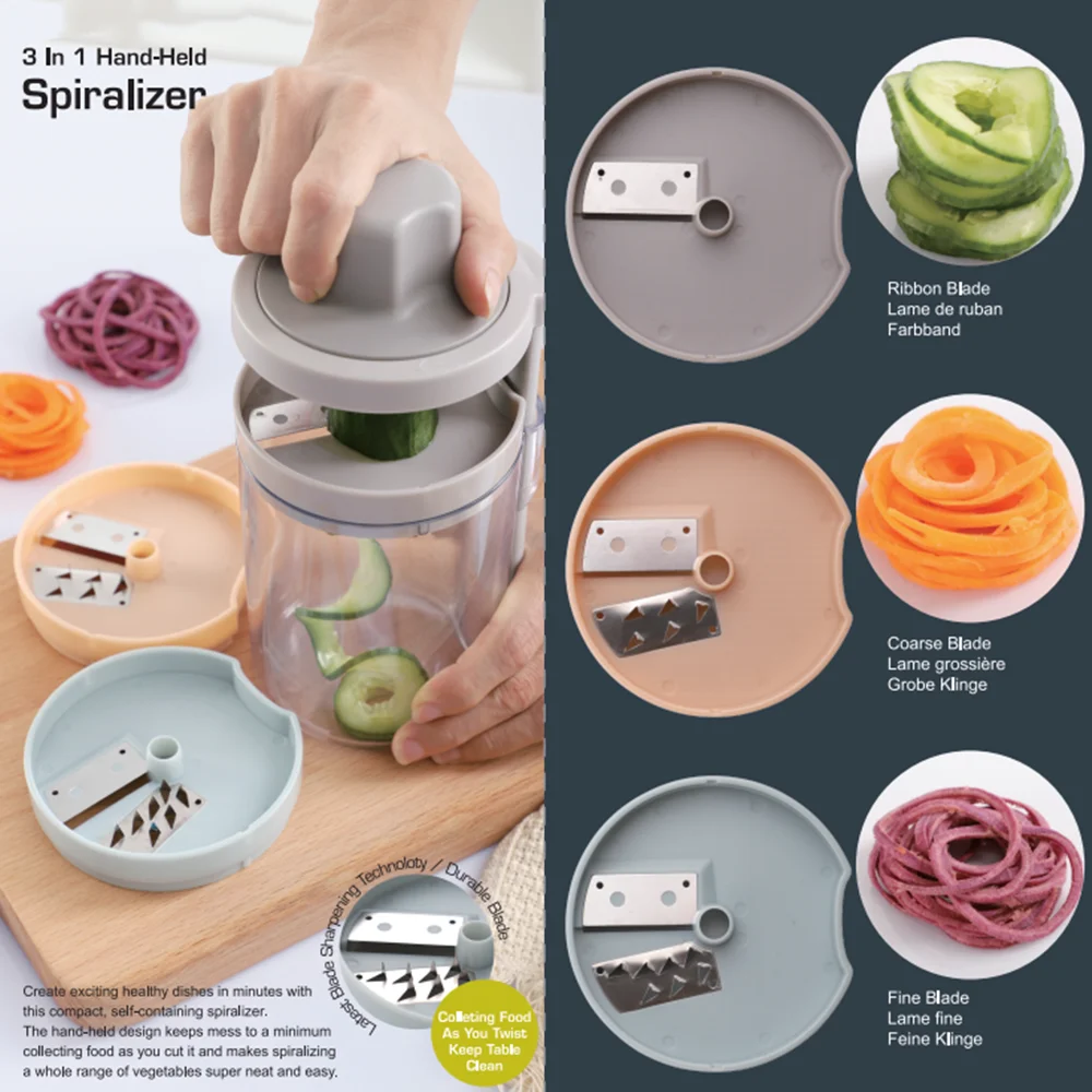 

3 in 1 Handheld Spiralizer Vegetable Fruit Slicer Potatoes Zucchini Noodle Spaghetti Maker Kitchen Tools Salad Spiral Grater