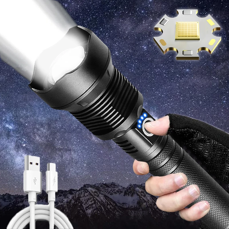

High Power LED Flashlights Super XHP360 With Metallic Texture Rechargeable Lighting 1200M 18650 Battery Tactical Touch Lantern