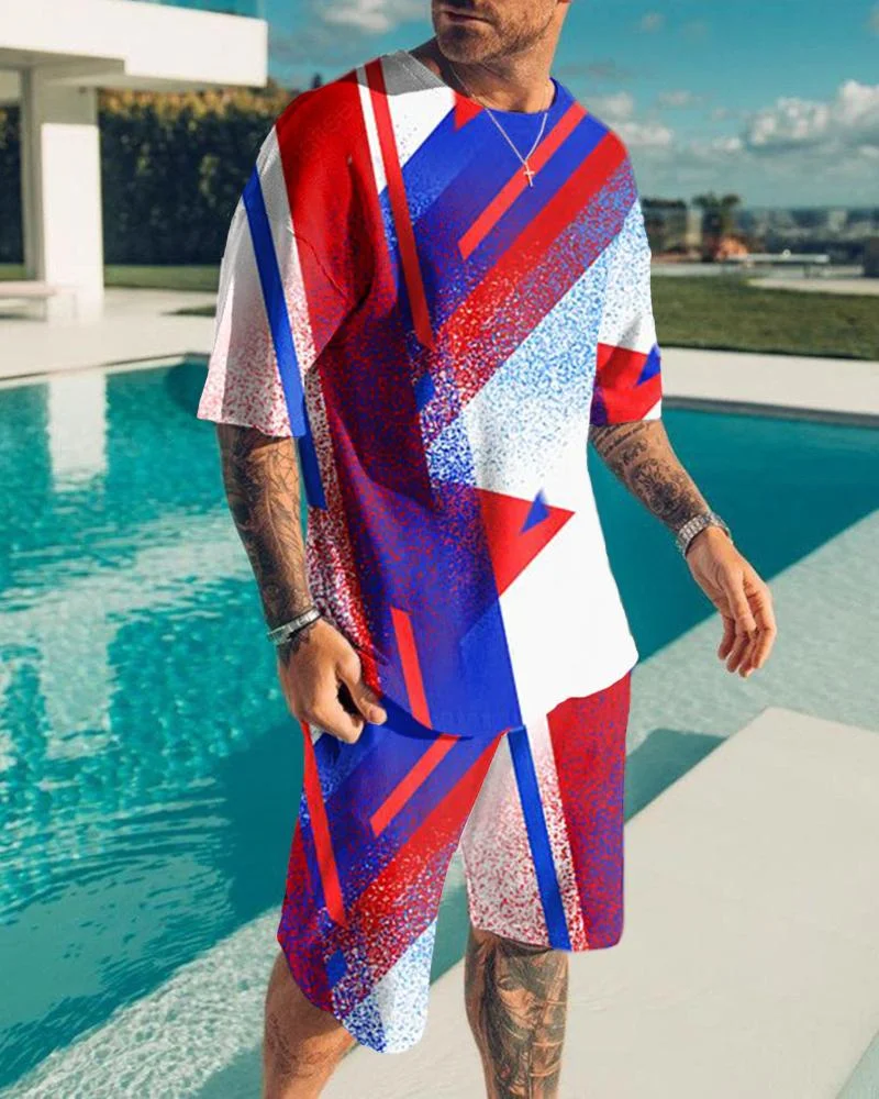 

Summer Men's Round Neck Short Sleeve coatGeometric Pattern Print 3D Sportswear Casual Oversized Top Shorts Breathable Sportswea