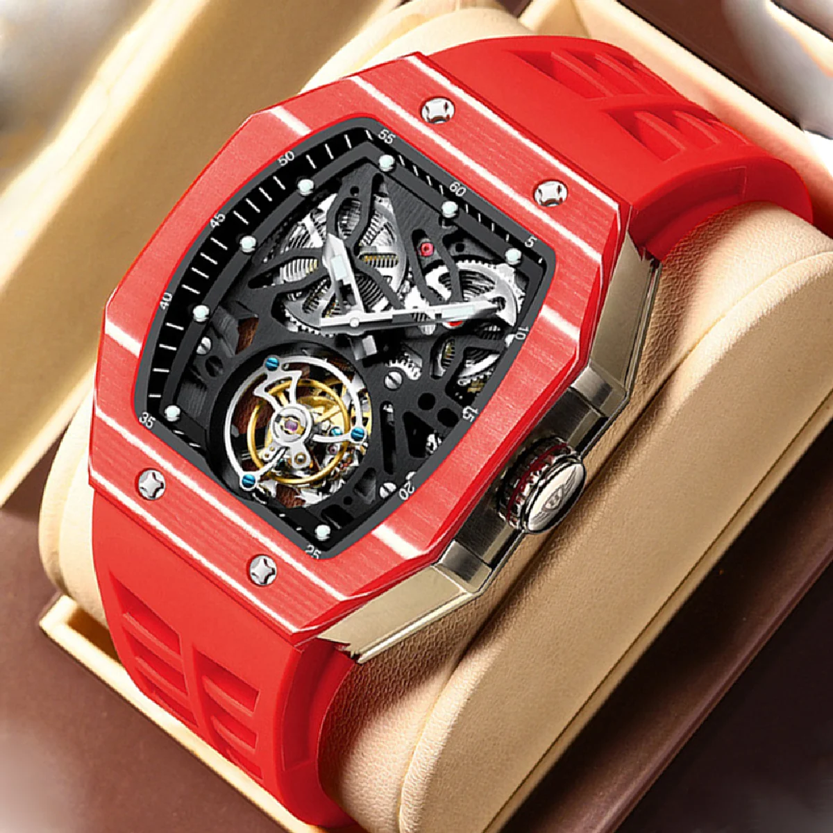 

AESOP Trending Square Flying Tourbillon Watch Carbon Fiber Bezel Mechanical Men Watches Top Quality Skeleton Red Male Clock