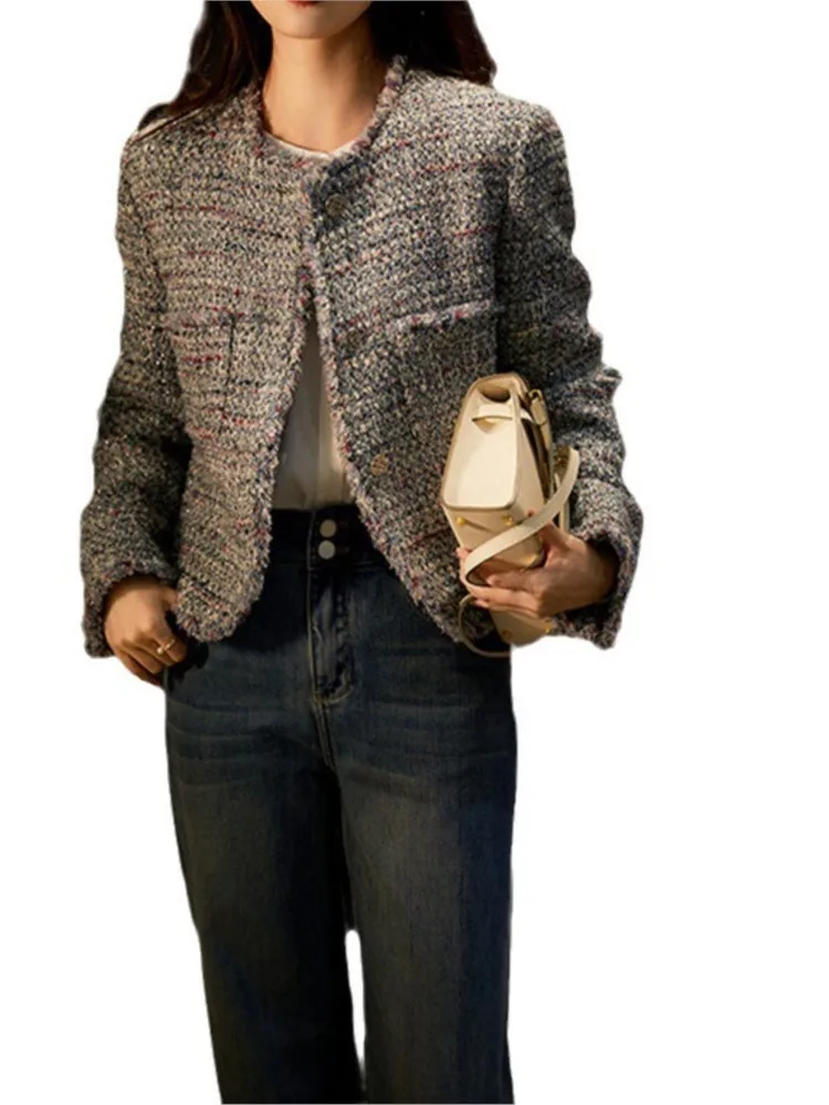 Женское твидовое пальто сезон весна-осень 2024 классическое цельное из органели с