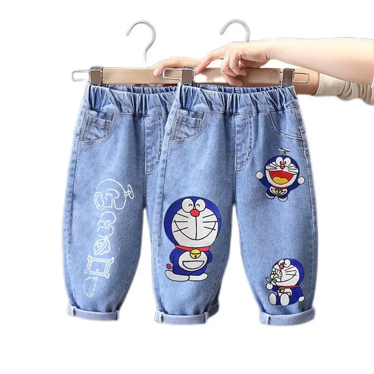 

Модные детские джинсы для девочек, Мультяшные ковбойские детские брюки, весна-осень, повседневные брюки, джинсы для мальчиков, детские брюк...