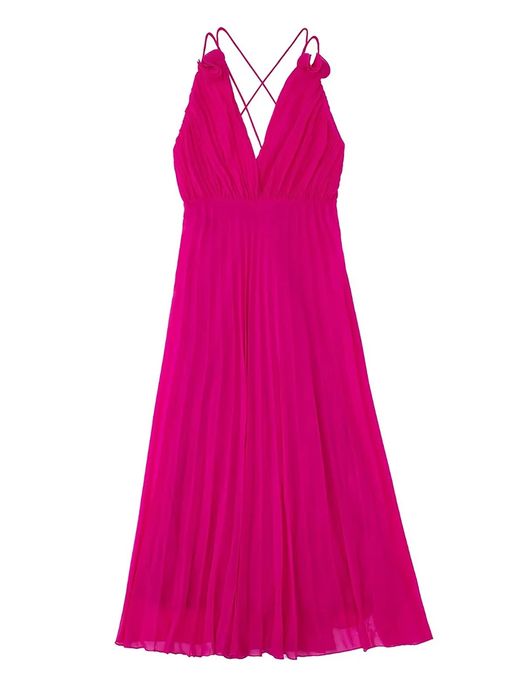 

Fashion Women Sexy Backless Fuchsia Pleated Slip Dress Romantic Female Double Thin Straps V Neck Chiffon Dress Midi Vestido