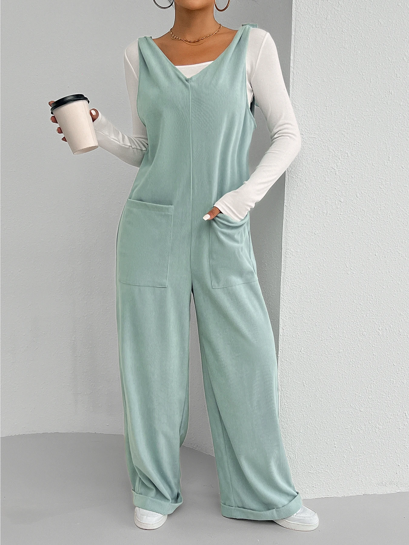 Женские Бархатные Комбинезоны Однотонные С Широкими Штанинами Повседневные В