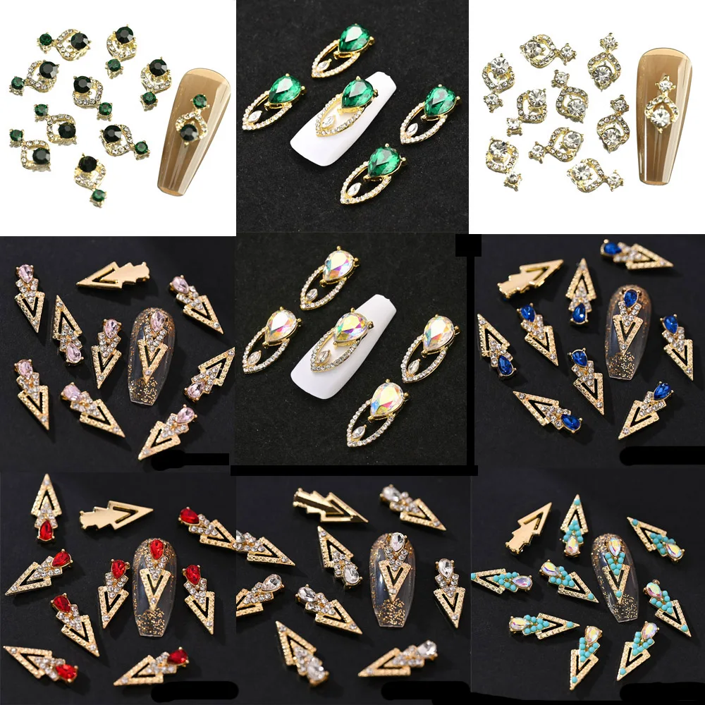 

5/10 Pcs Hollow Aolly Nail Charms with Crystals Geometry Earrings-Styles Nail Art Decorations Metal Hollo-out Nail Rhinestones