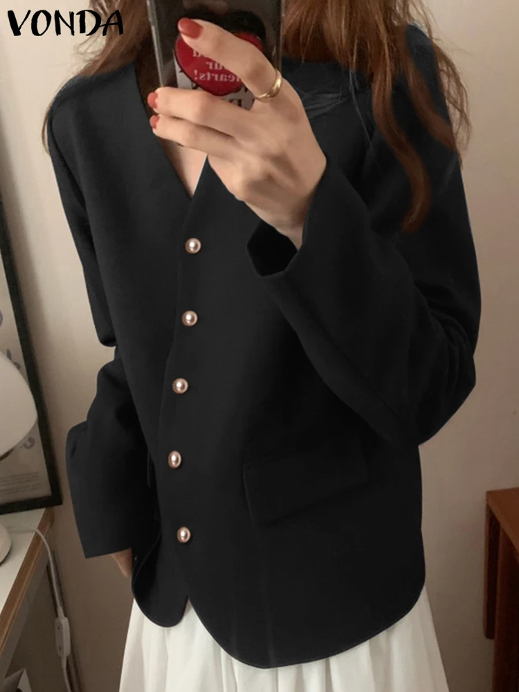 

Женский блейзер на пуговицах, с длинным рукавом и V-образным вырезом