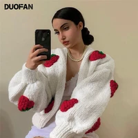 duofan elegant strawberry decoration christmas cardigan sweaters for women girls kawaii knitted loose v neck coat clothing new