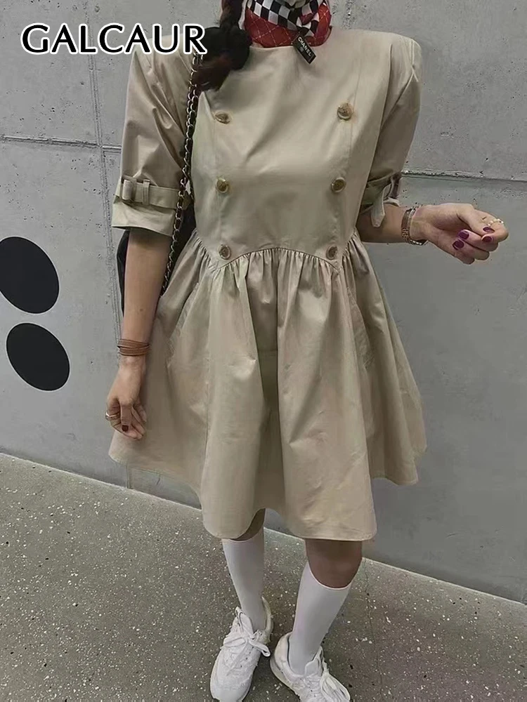 

GALCAUR Folds Mini Dresses For Women Round Neck Short Sleeve High Waist Tunic Loose Double Breasted A Line Dress Female Summer