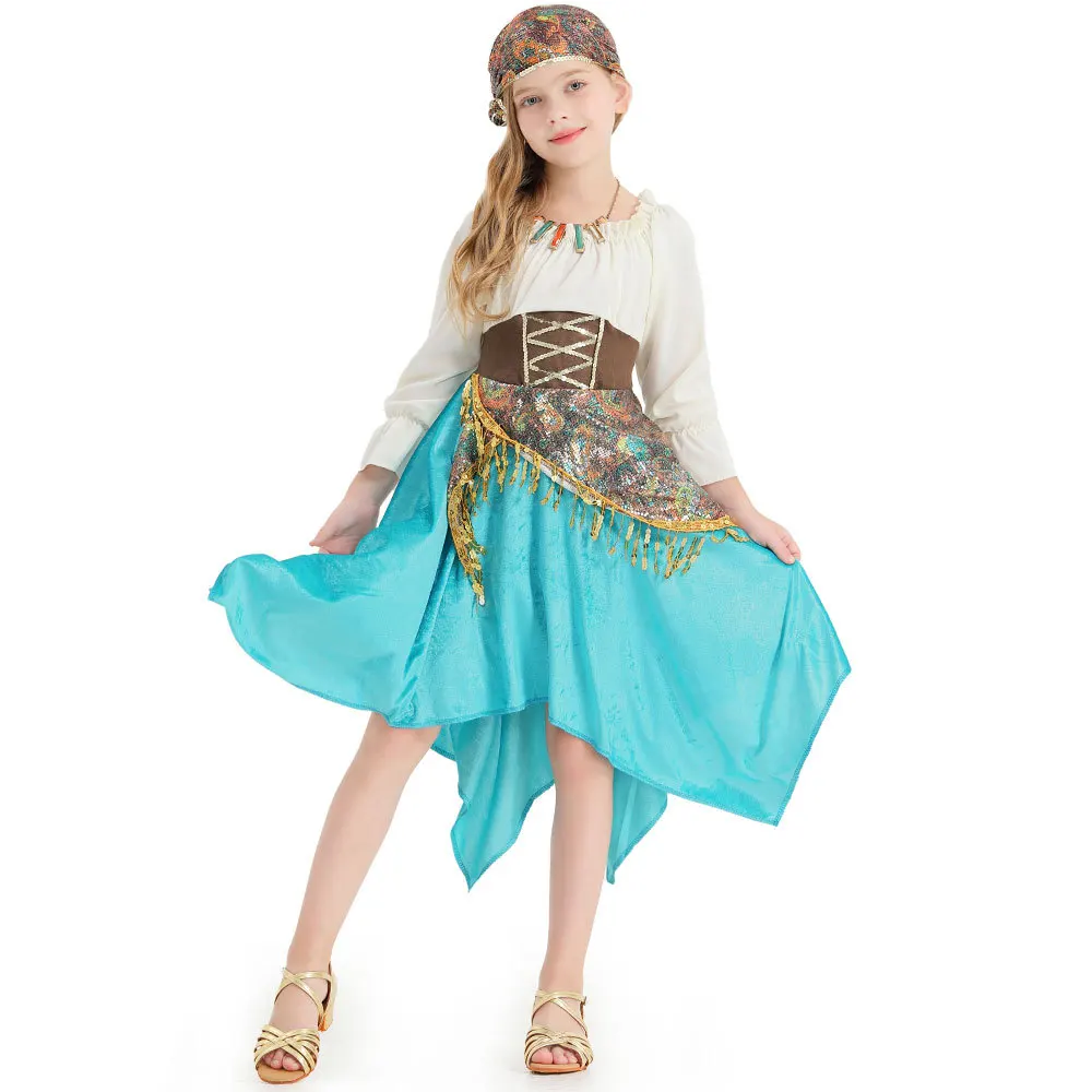 

Sky Blue Irregular Skirt Sequin Lace Flamenco Dance Dress