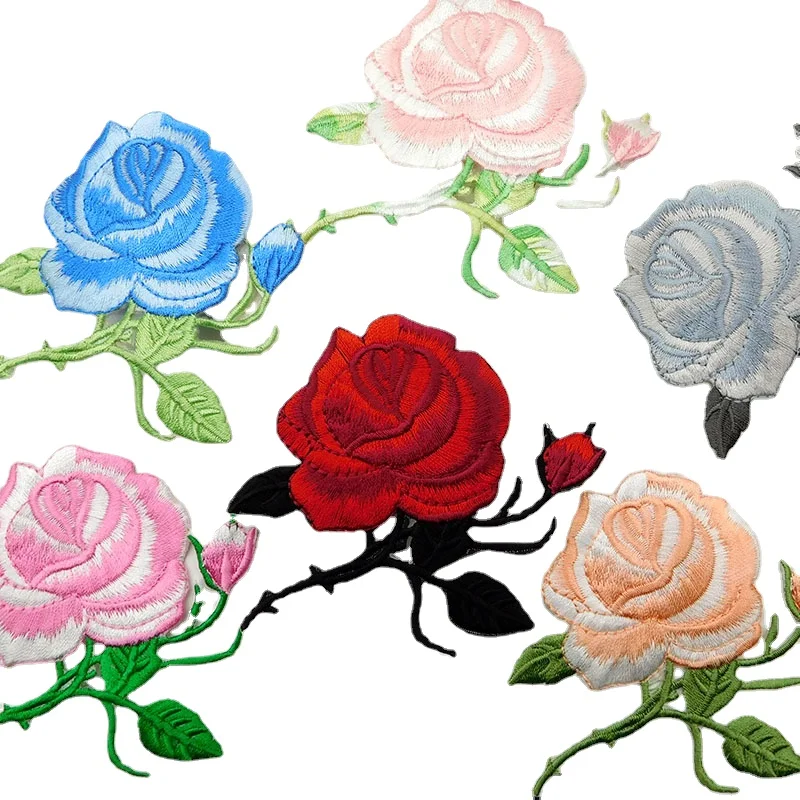

Роскошная вышитая нашивка 20 шт./лот, розовый бутон, лист, куртка, женская рубашка, рюкзак, украшение одежды, сделай сам, железная теплопередаю...
