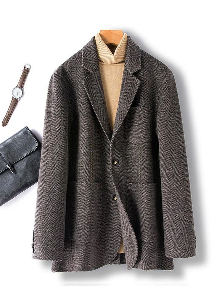 

Trendy Men Elegant Woolen Coat Gentleman Suit Autumn Winter Double-sided Tweed Alpaca Wool Business Casual Clothes 21Q4525