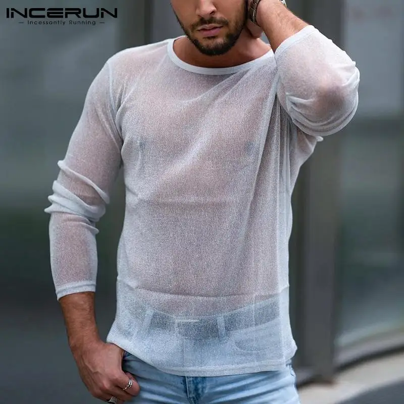 

INCERUN Tops 2022 Handsome Well Fitting New Men's Camiseta Breathable Mesh Fashion Male See-though Hollow Out Light Shirts S-5XL