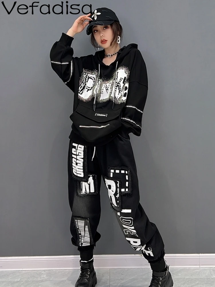 

Vefadisa 2023 Autumn New Women Letter Printing Hooded Sweatshirt Suit + Elastic Waist Patches Denim Trousers Pant Sets LHX2183