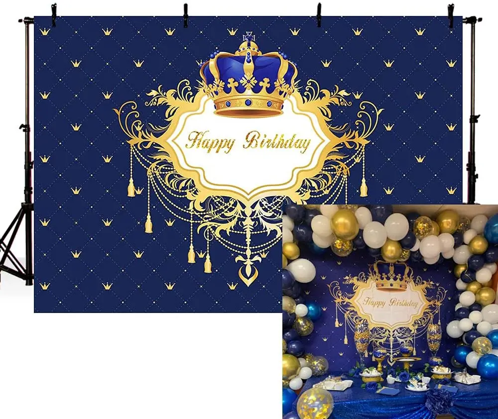 

Blue and Gold Happy Birthday Backdrop Little Prince Crown Royal Celebration Party Decorations Banner Background Photo Booth