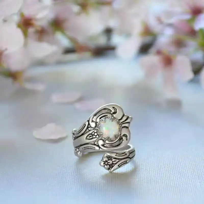 

White Stainless Steel Woman's Jewelry Fire Opal Ring Plating Alloy Thumb Birthstone Ring Fashion Jewelry Gift Female