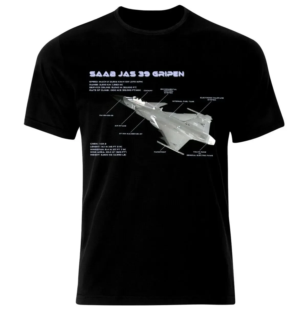 Футболка шведских ВВС JAS-39 Gripen Fighter Jet Blueprint. Повседневные футболки из 100% хлопка с