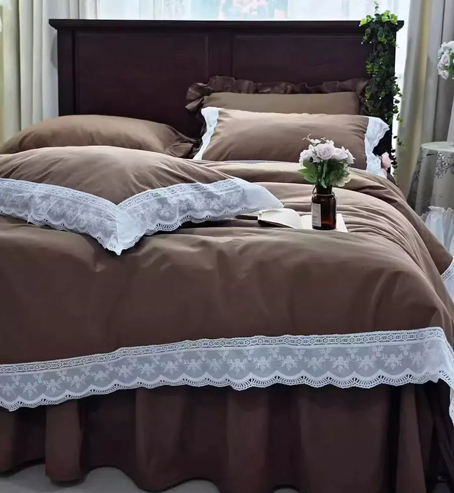 Элегантный однотонный коричневый кофейный комплект постельного белья полный