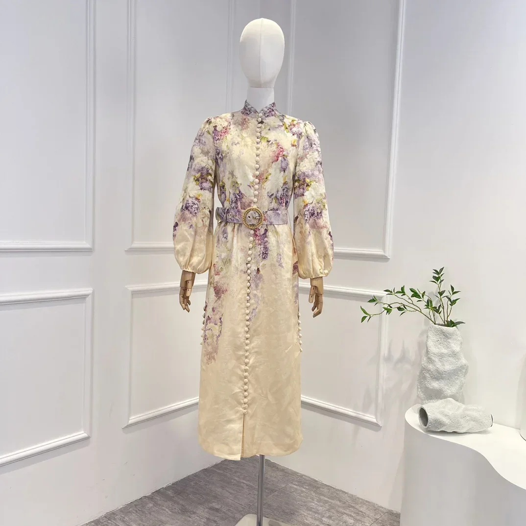 

High Quality Floral Print Long Lantern Sleeve Buttons A-line Vintage Elegant Dress with Belt 2023 New Arrivals Women Clothes