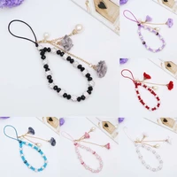 fashion beads chain mobile phone lanyard short cord for key crystal bracelet phone case flower pendant anti lost wrist straps