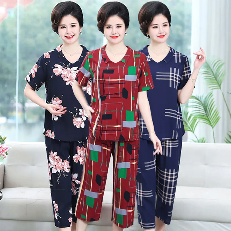 

50 To 115 Kg Women Wear Suit Short Sleeve Cropped Pant Middle Aged Mother Two Piece Set Print Loose Grandma Outfits 3XL-8XL