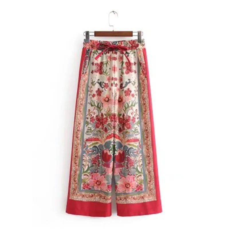 Floral Printing Vintage Leisure Blazers Set Women Fashion Blazer Wide Leg Pants Suit with Gift Belt Flax Pant Suit Streetwear