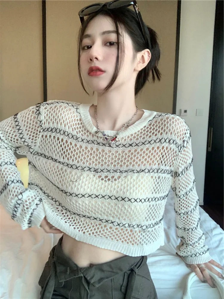 

Женский трикотажный пуловер в полоску, повседневный тонкий трикотажный топ контрастных цветов с длинным рукавом