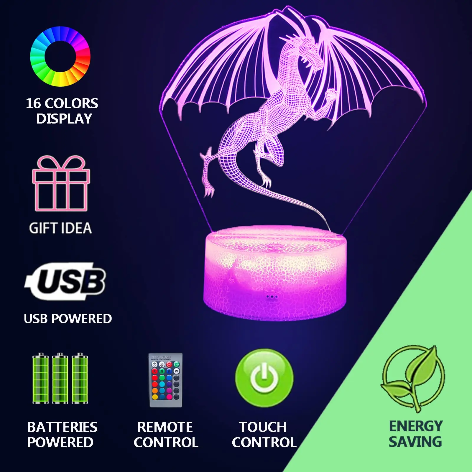 Ночсветильник с 3D драконом светодиодный светодиодная иллюзионная лампа