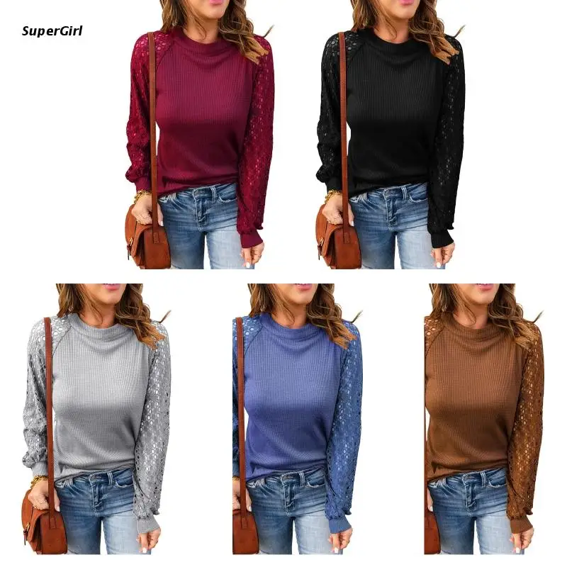 

J78E Womens Waffle Knit Blouse Hollow Out Lace Stitching Raglan Puff Long Sleeve T Shirts Solid Color O-Neck Casual Loose Top