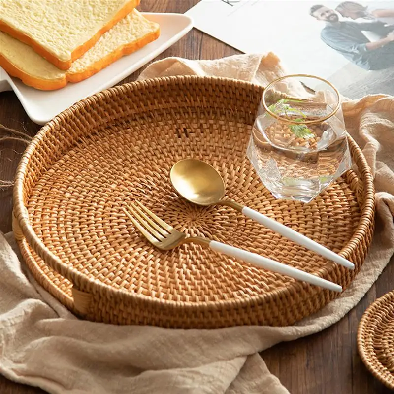 1Pc Vietnam Rattan Basket Tray Hand-Woven Storage Bread Living Room Fruit Plate Tea Withe Handle |