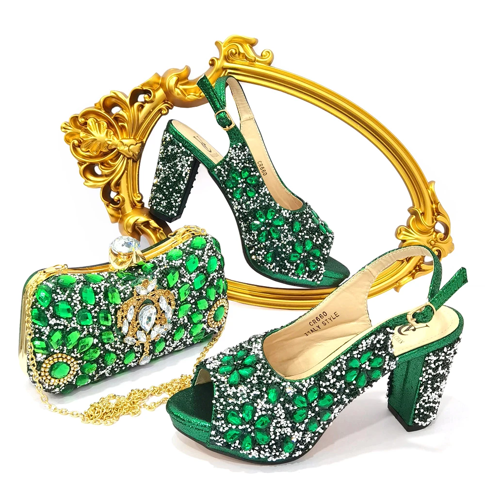 

Fashionable Italian Women Shoes Matching Bag in Green Color Mature African Ladies Comfortable Heels Sandals for Party