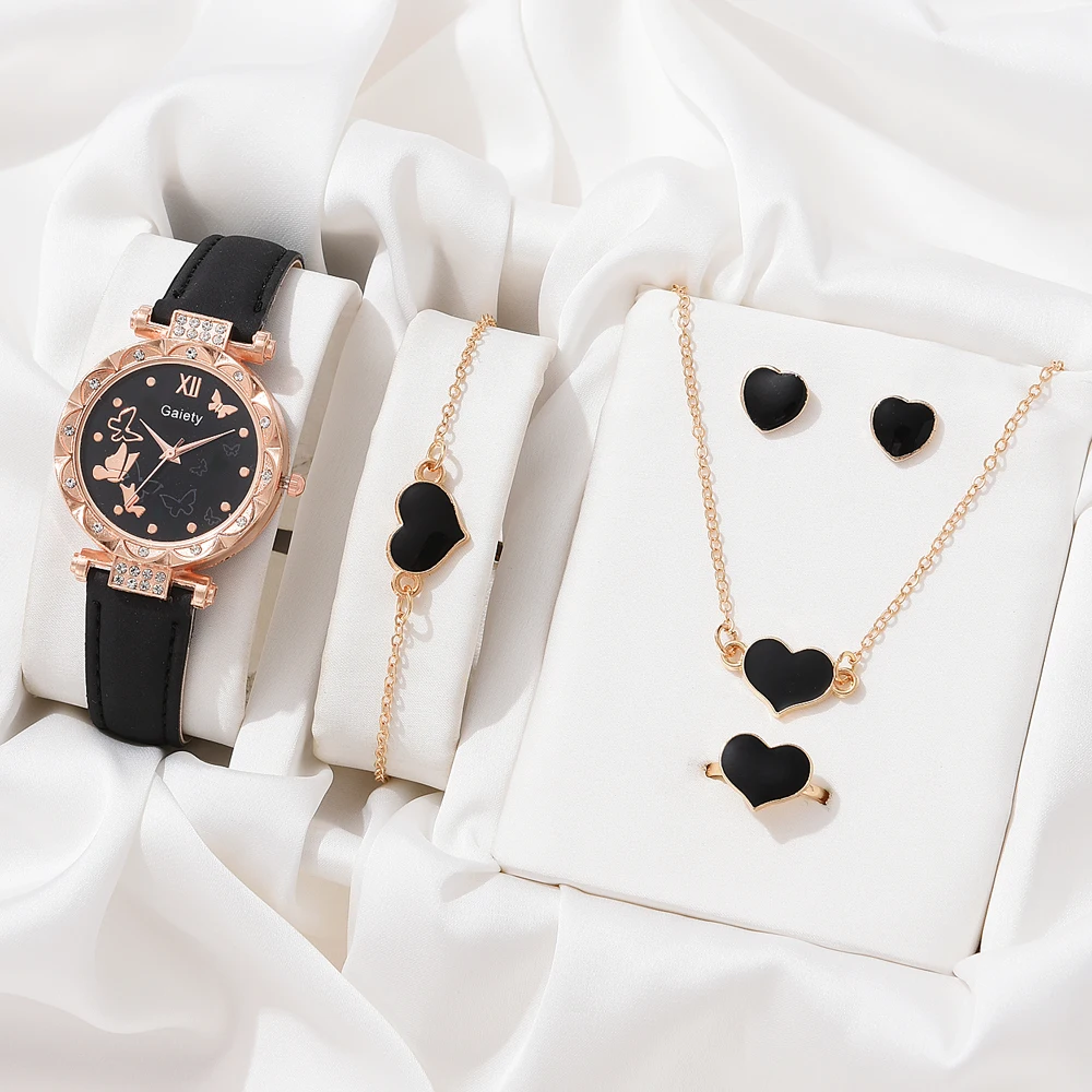 4 PCS Fashion Watch Set Women Necklace Earrings Bracelet Set Watches WristWatch White Leather Strap Ladies Quartz Watch