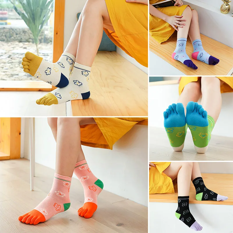 

2022 New Cotton Five-finger Socks Ladies flower five-finger socks Comfortable Cotton Sweat-absorbing Healthy Socks Toe Socks