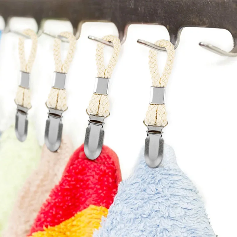 

Braided Cotton Loop Towel Clip with Metal Clamp Multipurpose Cloth Hanger for Home Bathroom Kitchen AC889