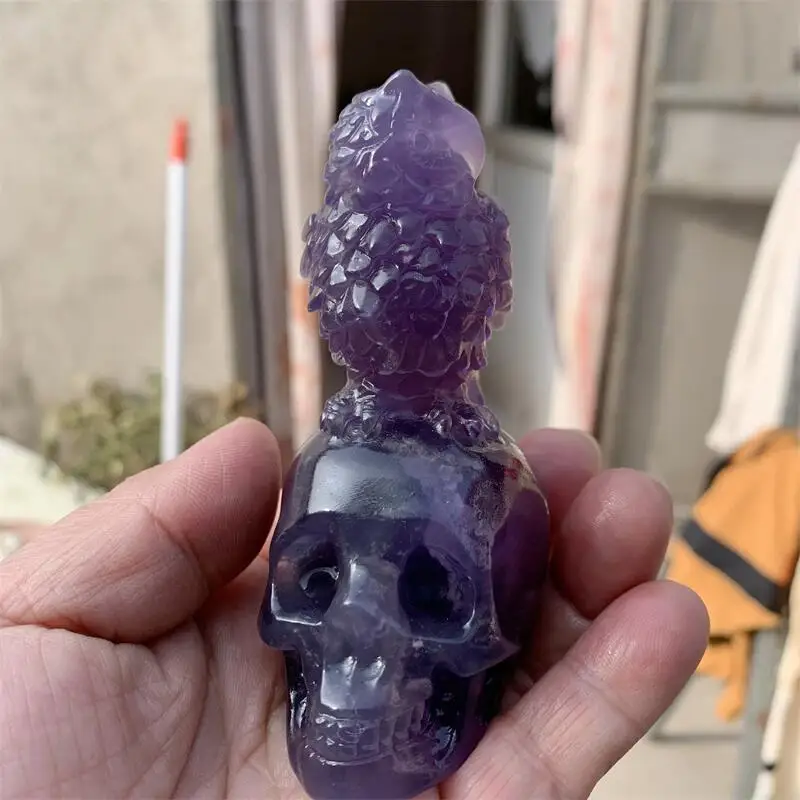 

Natural Crystal Fluorite Hand Carved skull Owl Healing Home Decor Stone Craft 1PC