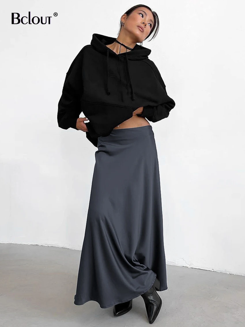 

Элегантная серая атласная юбка Bclout, женская модная однотонная офисная длинная юбка с заниженной талией, осенняя Свободная юбка в строгом стиле, Женская юбка 2023