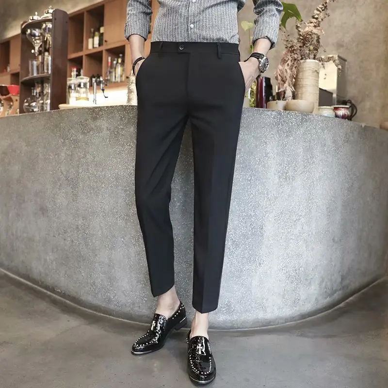 

2022 New Men's Drape Nine Points Casual Pants Men's Straight Handsome Suit Pants Summer Dark Gray Small Trousers Thin Section
